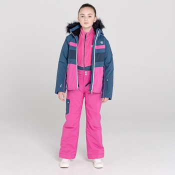 Belief wasserdichte, isolierte Skijacke mit Kapuze mit Pelzbesatz für Mädchen Blau Rosa
